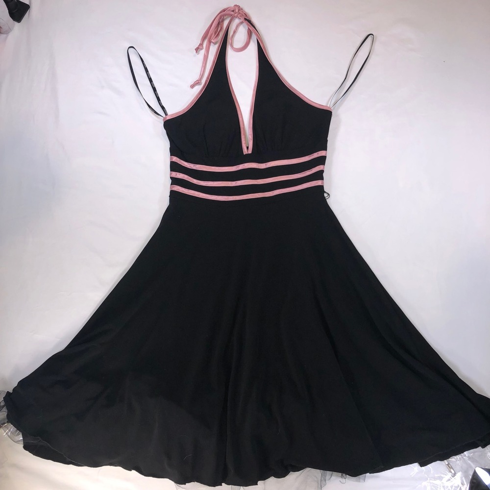 Vintage XOXO Black Pink Satin Trim Halter Skater Dress Medium USA Made Y2K